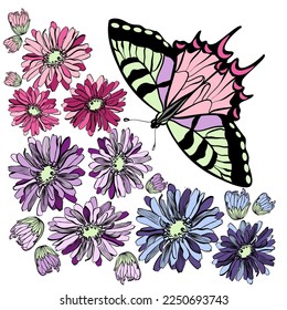 A butterfly with gerbera flowers and buds vector illustration 