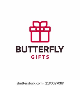 Mariposa con caja de regalo con pictograma de estilo lineal de cinta aislado en blanco. Símbolo, ilustración de logotipo