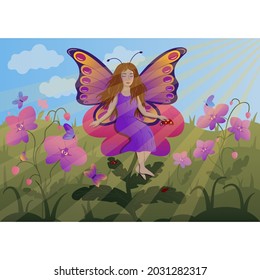 Butterfly girl in a field of orchids. Fantasy world. Vector illustration for children book, cartoon, kindergarten.