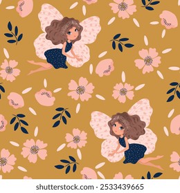 Menina borboleta e flores encantadoras, ilustração vetorial, design de padrão sem costura, arte para crianças.