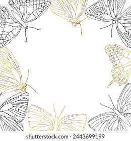 Butterfly golden foil art banner frame. Insect butterfly for card or invitations, scrapbook. Vector background hand drawn illustration, isolate on white background