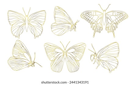 Butterfly golden foil art illustration set. Insect butterfly for stickers, tattoo, silhouette, scrapbook. Winged gorgeous animal. Vector hand drawn illustration, isolate on white background.