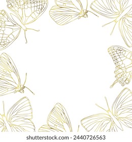 Butterfly golden foil art square frame. Insect butterfly for card or invitations, scrapbook. Vector background hand drawn illustration, isolate on white background.