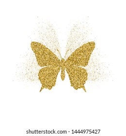 Butterfly golden glitter icon with glitter glow. Beautiful summer golden silhouette on white. For wedding, fashion, ornaments, tattoo, luxury decorative design elements Vector illustration