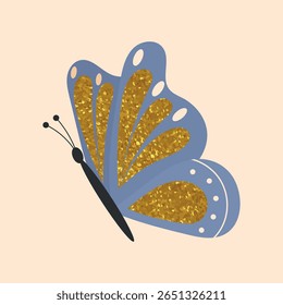Mariposa con textura de brillo dorado. Ilustración vectorial de insecto en estilo plano. Elegante bicho dorado para proyectos decorativos de primavera y verano.