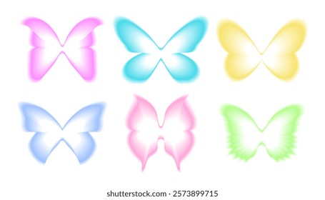 Butterfly gradient aura effect collection. Blurry y2k stickers set. Blurred transparent frames