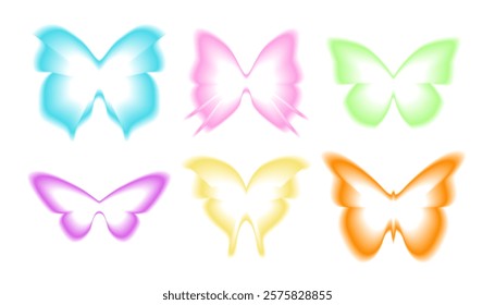 Butterfly gradient aura effect collection. Blurry y2k stickers set. Blurred transparent frames