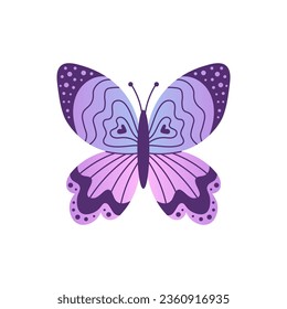 Schmetterling Farbverlauf-Doodle-Stil. Zartes neonfarbenes Insekt mit Linien, Punkten, Herzen. Dekorative Vektorgrafik.