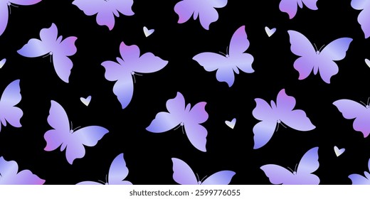 Butterfly gradient shapes seamless pattern vector illustration. Insect and heart repeated ornament. Design for textile, fabric, background, wrapping paper, package. Y2K aesthetic vibe.