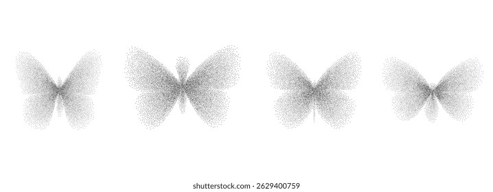 Butterfly grain noise gradient figures shape. Y2k retro stippling insect forms set. Halftone icons isolated on white background. Trendy photocopy effect with diffuse texture. Vector illustration.