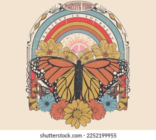 Butterfly graphic print design. Flower retro artwork. Positive vibes t-shirt design.