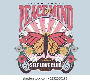 Diseño de impresión gráfica de mariposa. Obra de arte retro de flores. Diseño de camisetas de vibraciones positivas. Paz mental. sean amables consigo mismos.