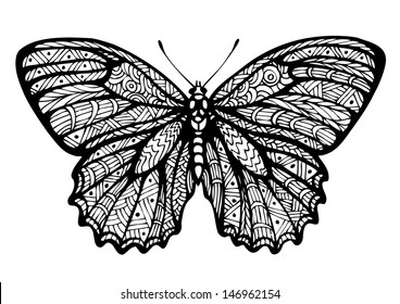 Butterfly, graphic style, hand drawn, black and white isolated vector illustration