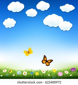 Butterfly And Grass Gradient Mesh, Vector Illustration