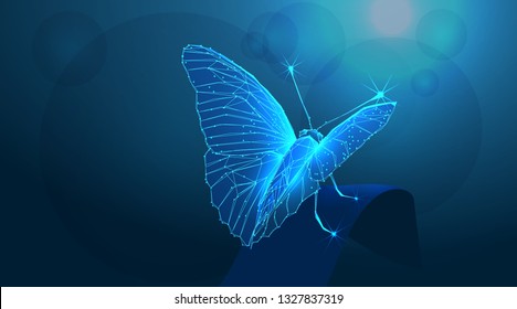 Butterfly in the grass at night in the shining moonlight on nature in blue and purple tones. Fabulous magical artistic image of a dream, copy space. Banner. Low poly vector illustration