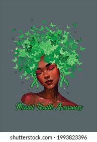 Butterfly Green Ribbon Mental Health Awareness Girls design vector illustration for use in design and print poster canvas
