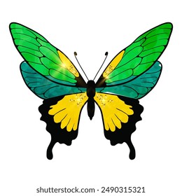Butterfly Green, Watercolor bright with gold glitter . Isolated hand drawn design element for scrapbooking or printing on clothes. Vector illustration. Summer vibe insect on white background