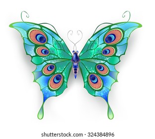 Butterfly with green wings, decorated with blue circles on white background.