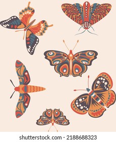 Butterfly groovy 70s 60s vector seamless pattern, stay groovy boho soul pharase. Hippie elements, vector illustration. Boho retro colours butterflies trendy print collection for textile, wallpaper.