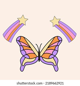 Butterfly groovy 70s. Butterfly with flying stars retro print. 