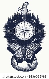 Butterfly, guitar, night forest and compass. Esoteric symbol of music, freedom, dream, adventure and travel, harmony, self-search and great outdoors. Creative t-shirt design concept