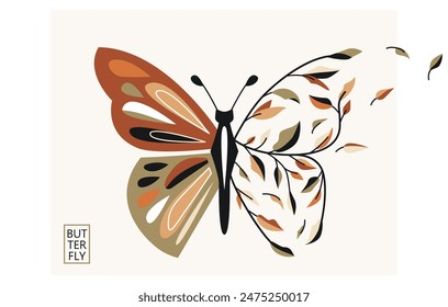 Butterfly half leaves vector illustration. Flying insect with floral elements isolated on light background. Beauty fashion cool concept. Nature girl design.