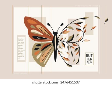 Butterfly half leaves vector illustration. Flying insect with floral elements, simple shapes, lines, text. Beauty fashion cool concept design. Nature girl poster.