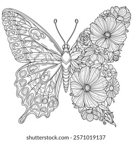 Butterfly half made of flowers.Coloring book antistress for children and adults. Illustration isolated on white background.Zen-tangle style. Hand draw