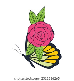 Butterfly half shape illustration with rose, vector design.