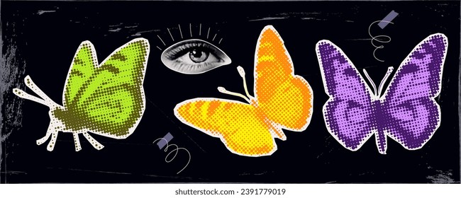 
Butterfly, halftone collage. Insect paper cutouts, contemporary art. Beautiful butterflies for cover design, banner, poster, social media page, halftone collage for design. Eye, seeing beauty. Vector