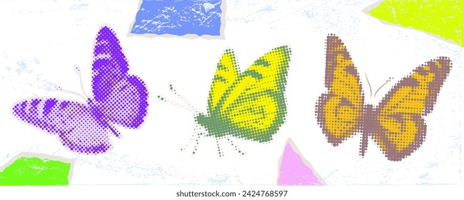 Butterfly, halftone collage. Insect paper cutouts, contemporary art. Beautiful butterflies for cover design, banner, poster, social media page, halftone collage for design. Grunge texture. Vector.