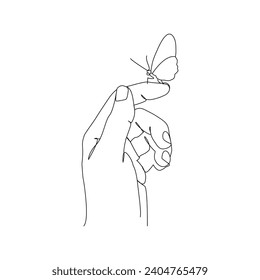 Butterfly in hand continuous One line drawing. Vector illustration of various insect forms in trendy outline style
