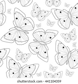 Butterfly hand drawing seamless pattern sketch. Black and white butterfly background. Vector illustration