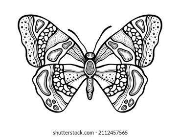 Butterfly. Hand drawn ethnic patterned in doodle, zentangle style. Coloring book page for adults and child- zendala, design for relax and meditation, illustration isolated on white background