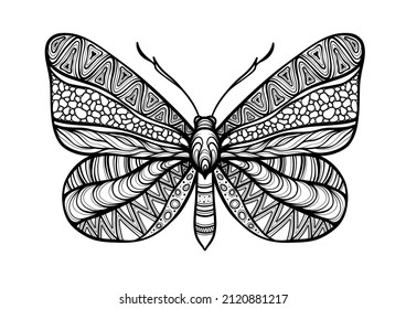 Butterfly. Hand drawn ethnic patterned in doodle, zentangle style. Coloring book page for adults and child- zendala, design for relax and meditation, illustration isolated on white background