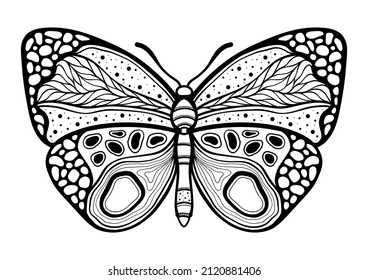 Butterfly. Hand drawn ethnic patterned in doodle, zentangle style. Coloring book page for adults and child- zendala, design for relax and meditation, illustration isolated on white background