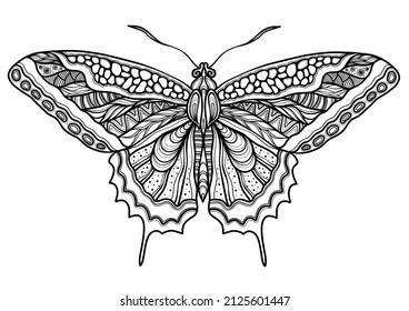 Mariposa. Trazado a mano de etnias con motivos en doodle, estilo zentangle. Página del libro de coloración para adultos y niños-zendala, diseño para relajación y meditación, ilustración aislada en fondo blanco
