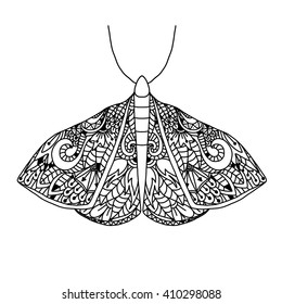 Butterfly. Hand drawn ethnic patterned in doodle, zentangle style. Coloring book page for adults and child- zendala, design for relax and meditation, vector illustration isolated on white background