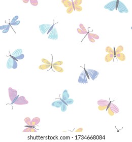 Butterfly Hand Drawn Seamless Pattern. Colorful Texture For Nursery Fabrics Design, Girly Background.