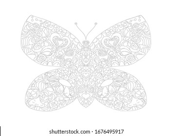 Butterfly with hand-drawn ornament coloring page. coloring book for adults