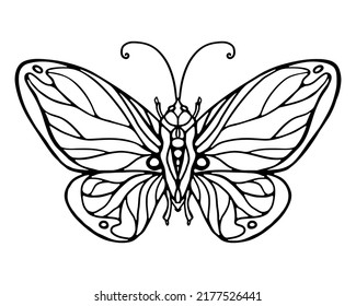 Butterfly hand-drawn outline for coloring book Vector illustration. Antistress for children and adults. Isolated on white background.