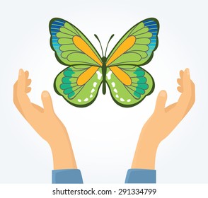 Butterfly in hands. Vector flat illustration