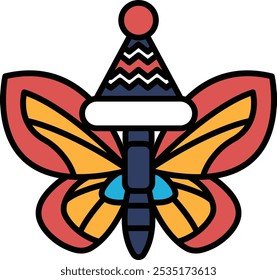 A butterfly with a hat on its head. The hat is red, blue, and yellow. The butterfly is drawn in a stylized way, with a focus on its wings and the hat