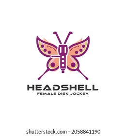 Butterfly With Headshell Female Disc Jockey Vector Logo Or Party Design Element