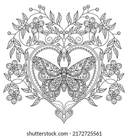 Butterfly and heart hand drawn for adult coloring book