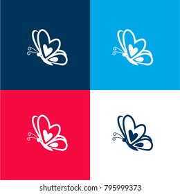 Butterfly with a heart on frontal wing on side view four color material and minimal icon logo set in red and blue