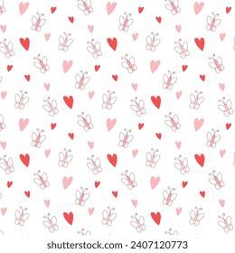 Butterfly and heart on white background seamless pattern. Cute doodle style. Romantic and childish dewsign for card. Vector illustration.