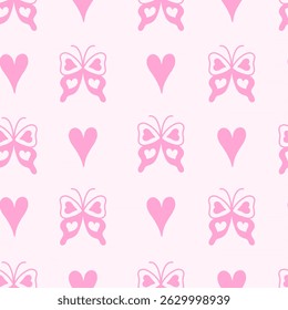 Butterfly Heart Seamless Pattern. Pink romantic hand drawn background with love symbols. Doodle Moth repeat vector illustration