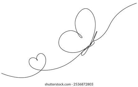 Butterfly with heart shape continuous line art drawing. Vector illustration isolated on white.