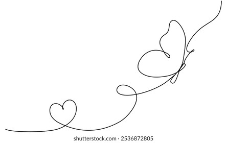 Butterfly with heart shape continuous line art drawing. Vector illustration isolated on white.